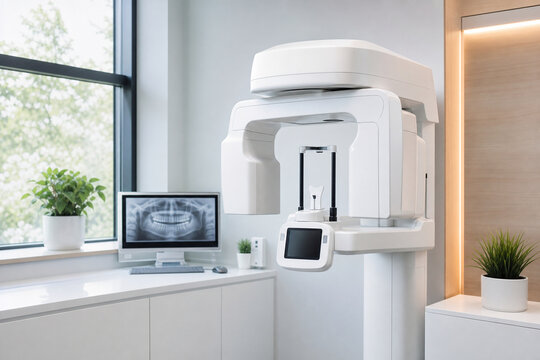 Generative AI medical stock image of cone beam CT dental scanner in a modern dental clinic. Bright modern healthcare interior for radiology, technology and clinical design projects.