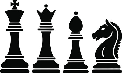 Classic Chess Piece Silhouette Vector Illustration Featuring King, Queen, Bishop and Knight for Strategy, Competition, Board Game and Tactics © MstDulali