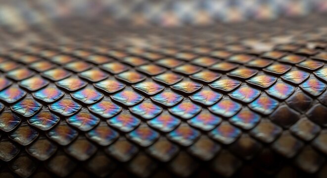 Close up of iridescent snake scales reflecting light in detail