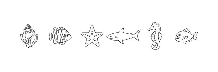Animals that dwell in water Sea life icon set including seashell fish starfish shark seahorse marine creature outline line art vector. © Piyali
