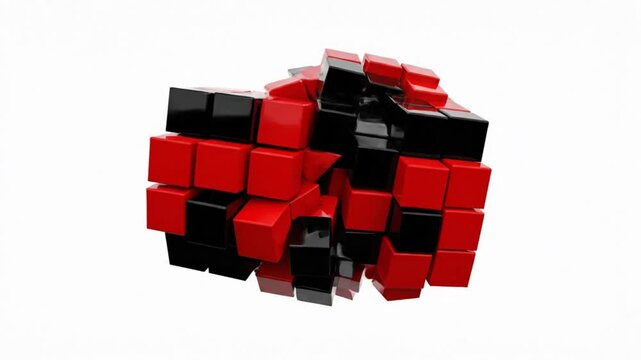 Abstract red and black cube structure rotating on a white background, modern geometric art concept