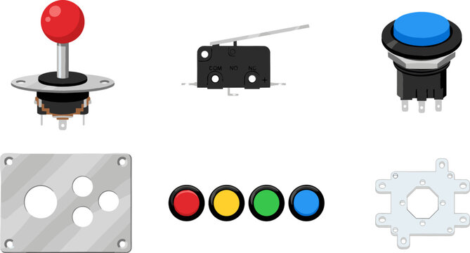 Arcade Cabinet Component and Retro Gaming Hardware Set Featuring Ball Top Joystick Microswitch Push Buttons Control Panel Metal Plate and Mounting Bracket Vectors