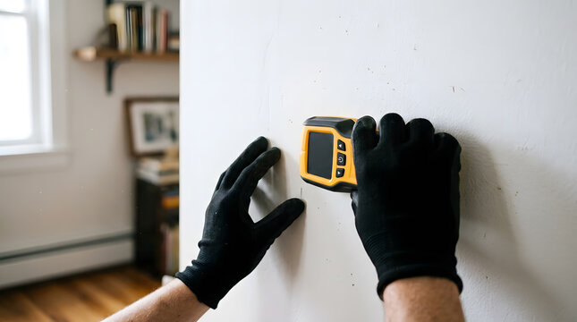 Person Scanning Drywall Interior Wall with Electronic Stud Finder Tool