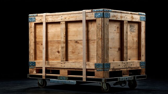 Massive industrial wooden crate secured with straps on roller platform