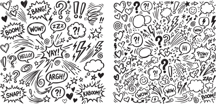 Collection of hand drawn comic speech bubbles and sound effect elements