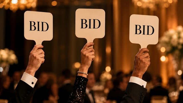 Multiple hands raising white bid paddles during a competitive auction event in an elegant blurry ballroom setting.