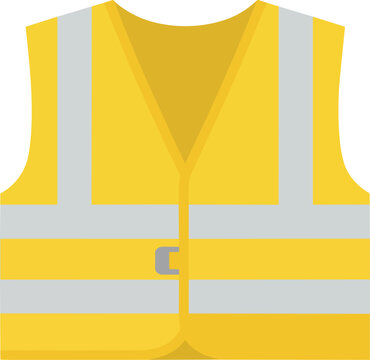Flat design illustration of a yellow high-visibility safety vest with reflective strips, essential protective equipment for construction, road work, or emergency personnel