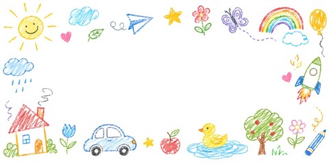 Fototapeta premium Childlike crayon drawings creating a colorful border frame