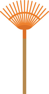 Orange garden rake with a long wooden handle, used for collecting leaves and debris, essential tool for yard work and seasonal clean-up