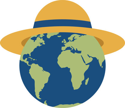 Earth globe wearing a yellow hat, representing travel, tourism, and summer vacations, ideal for global adventure and holiday themes