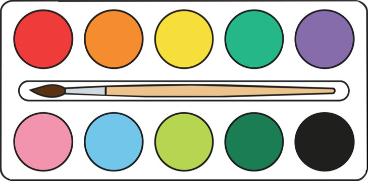 A vibrant watercolor paint set with a brush, featuring a palette of ten bright colors, perfect for children's art activities or creative projects