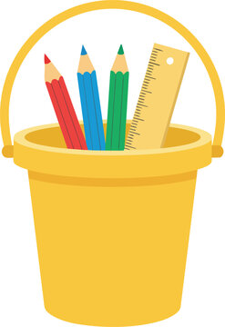 School supplies in a yellow bucket including red, blue, green pencils and a ruler, ideal for education and back to school themes