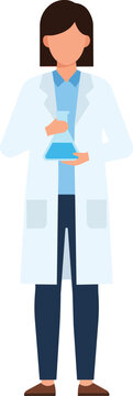 Pixel art scientist in lab coat holding a flask with blue liquid, symbolizing scientific research, chemical experiments, and medical innovation