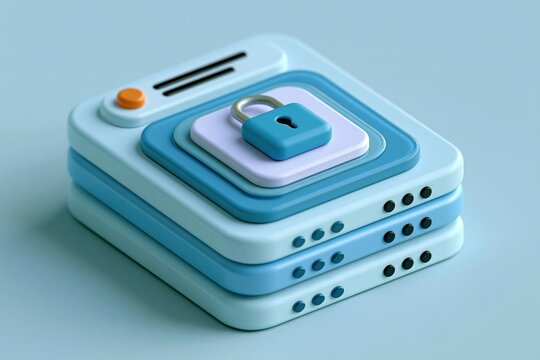 Layered privacy control panels with padlock and glassmorphism design on pale blue background
