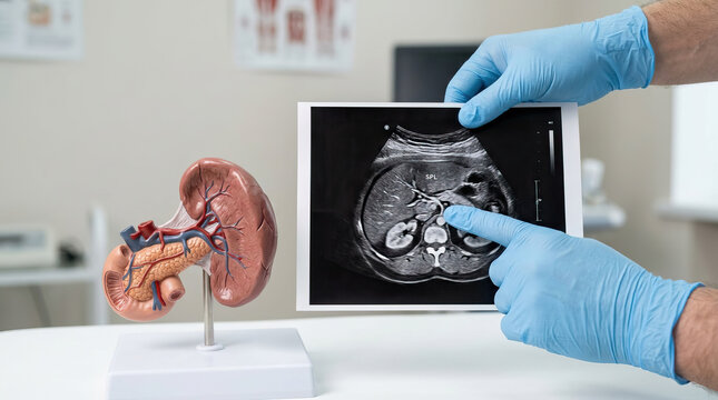Ultrasound image doctor hand medical glove spleen abdominal scan diagnostic imaging Healthcare professional review ultrasound image of spleen during abdominal examination, medical gloves pointing