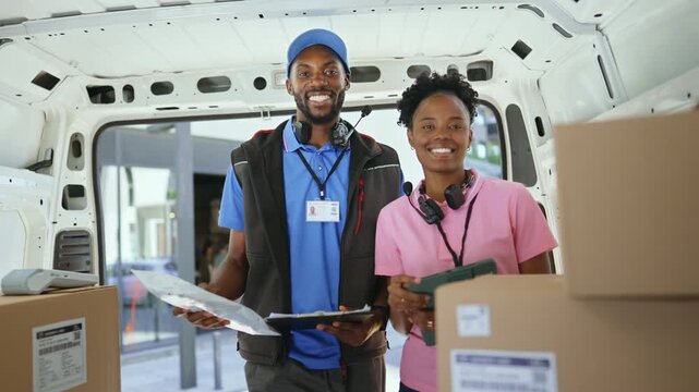 Delivery workers stand in a van filled with boxes. They smile at the camera and hold paperwork. The location is lively with people nearby and structures in the background.