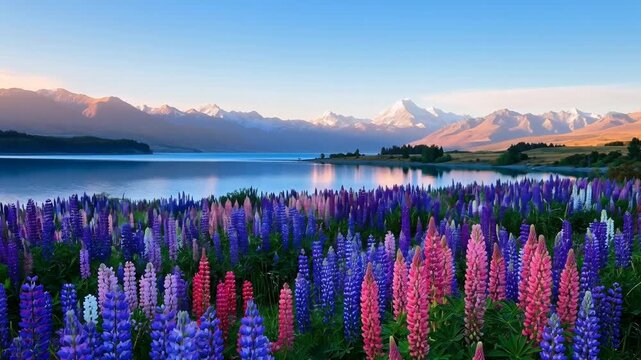Panoramic view of vibrant lupine flower fields beside serene alpine lake under golden sunset light with colorful lupine flowers