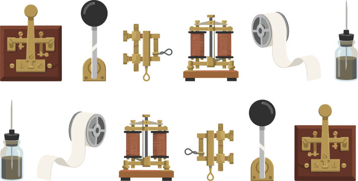 Vintage Telegraph Communication Equipment Set Featuring Antique Morse Code Keys Electromagnetic Relays Paper Tape Spidlers and Battery Jars Vector Illustration