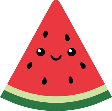 Cute cartoon watermelon slice with smiling face and black seeds, summer fruit illustration for kids, healthy food snack