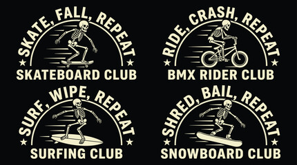Fototapeta premium Set of four skeleton club emblems featuring skateboarding, bmx, surfing, and snowboarding activities