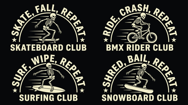 Set of four skeleton club emblems featuring skateboarding, bmx, surfing, and snowboarding activities