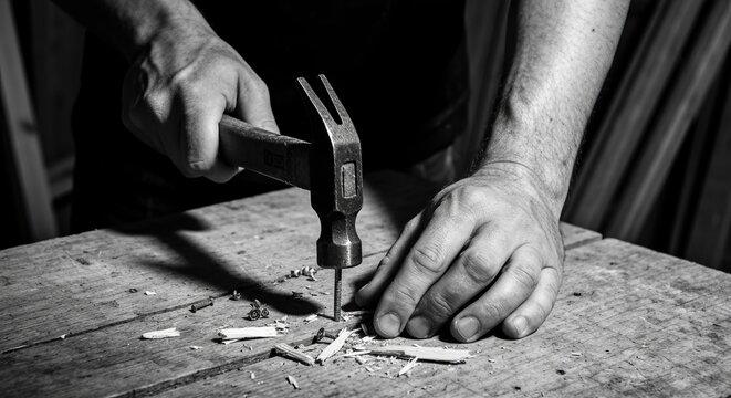Black-and-white study of a carpenter?s hands hammering a nail into reclaimed wood, gritty detail, strong shadows