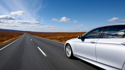 Naklejka premium Car driving quickly along an open road, fast-paced automotive travel concept, with copy space
