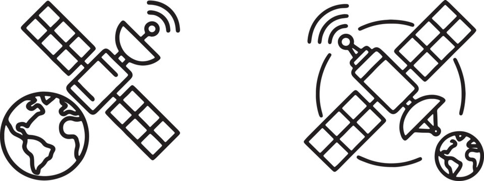 Satellite communication icons featuring globe and connectivity orbit, satellite