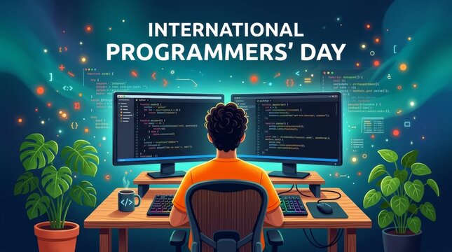 International Programmers' Day: Illustration of Coder Working on Multiple Screens with Programming Languages and Symbols