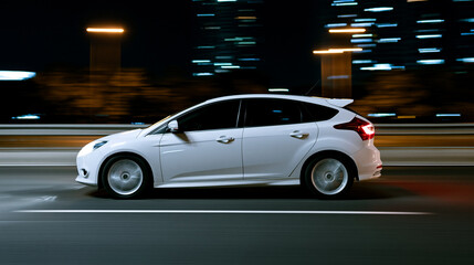 Fototapeta premium Car in motion captured during nighttime driving, atmospheric automotive scene, with copy space