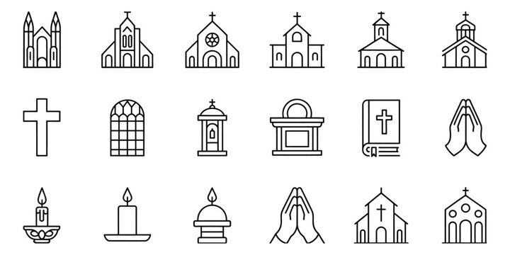 Church icon set featuring clean vector symbols for religion, worship, architecture, mobile applications, websites, and UI design.