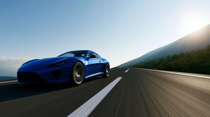 Naklejka premium Blue car rendered digitally cruising along a highway with dramatic motion blur, futuristic automotive concept, with copy space