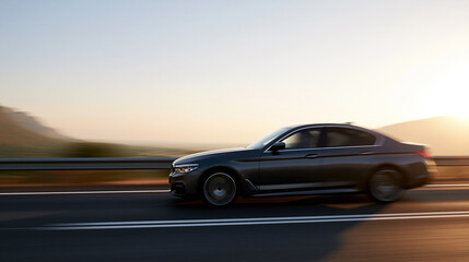 Naklejka premium Car driving along a motorway at high speed, dynamic highway travel concept, with copy space