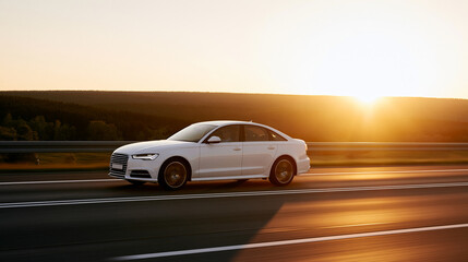 Naklejka premium Car speeding confidently along an open highway during golden hour, dynamic automotive lifestyle concept, with copy space