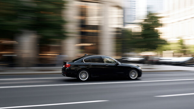 Black car speeding rapidly down a city street, dramatic automotive action concept, with copy space