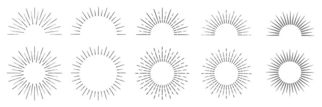 Vintage sunburst line art collection, 10 sun ray vector elements, retro sunrise and sunset icons, minimalist geometric starburst shapes for logo design