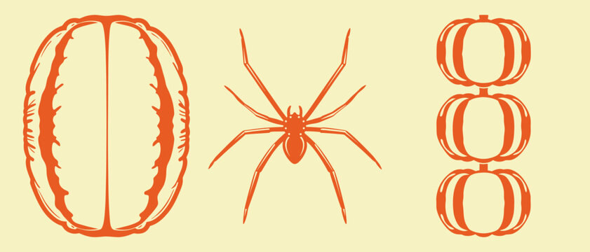 Set of three distinct design elements: an abstract rounded shape, a spider, and three stacked pumpkins.