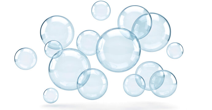 Collection of floating transparent soap bubbles on white background with soap sud, transparent