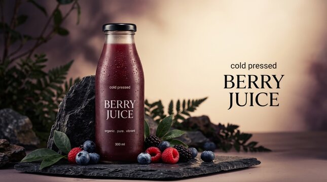 Elegant dark bottle of fresh berry juice styled with mixed berries and herbs, premium beverage product photography