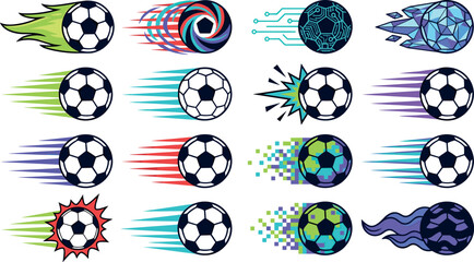 Soccer Ball Vector Illustration Set with Motion Speed Lines, Fire, Circuit, Pixel, and Ice Effects for Sports Logo Design © MdMoymul