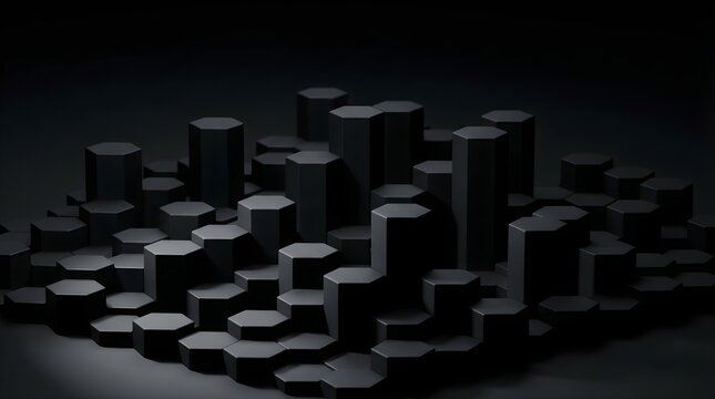 Abstract black hexagonal pillars forming a 3D dark geometric background