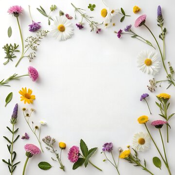 A Beautiful Floral Frame Composed Of Various Colorful Wildflowers On White Background
