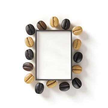 A Minimalist Empty Rectangular Frame Surrounded By Various Roasted Coffee Bean Varieties