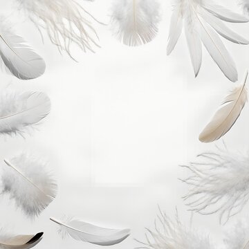 A beautiful circular frame of soft white feathers on a clean background