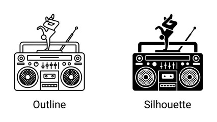 Retro Boombox and Dancer Icons: A set of two stylized graphic icons representing a vintage boombox and a dancer, available in both outline and silhouette versions.