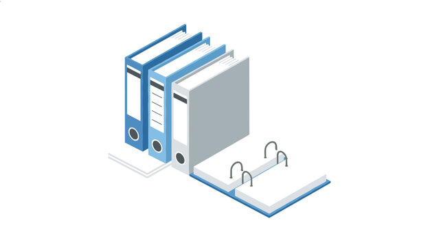 Isometric vector illustration of blue and grey office ring binders on a shelf, with one binder open containing white sheets.