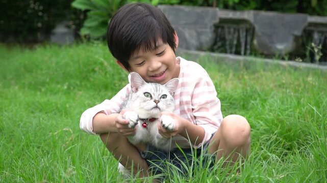 Cute Asian boy hugging and playing with a silver cat on green grass outdoors.