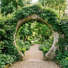 Obraz premium Round stone moon gate arch in lush green garden