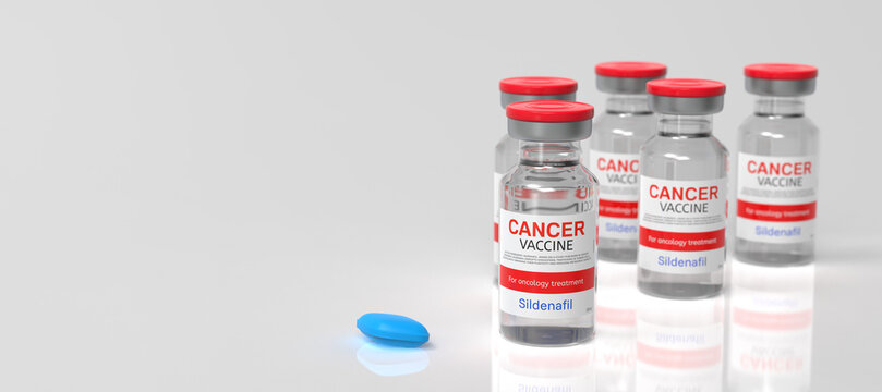 Conceptual cancer vaccine bottles featuring Sildenafil medication for pharmaceutical research and therapy