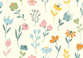 Soft Scandinavian Nature Pattern Featuring Stylized Flowers Leaves and Abstract Botanical Decorative Shapes © Color